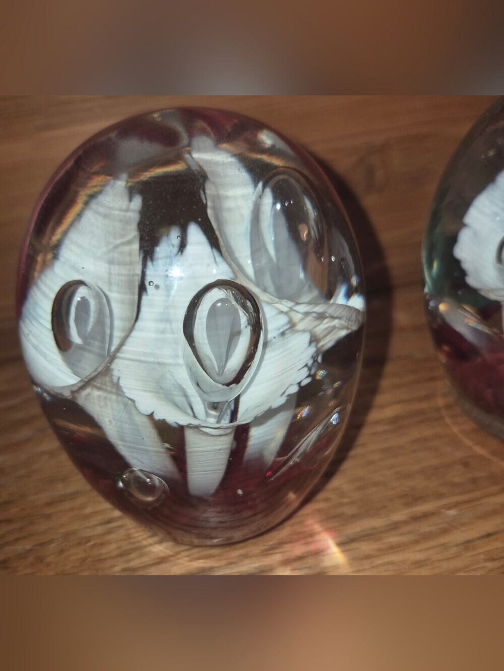 2 Art Glass Paperweights With White Trumpet Flowers On Red Controlled Bubbles - Picture 2 of 5